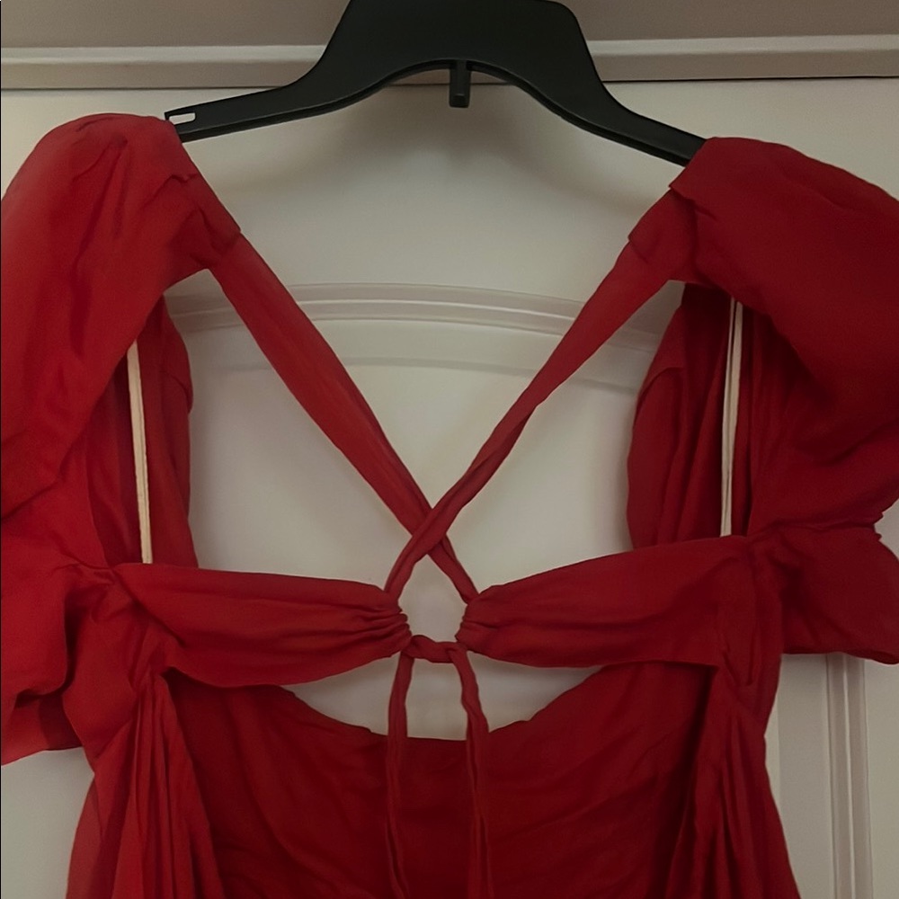 Free People Red Puff Sleeve Dress with beautiful tie strap open back - Picture 3 of 6